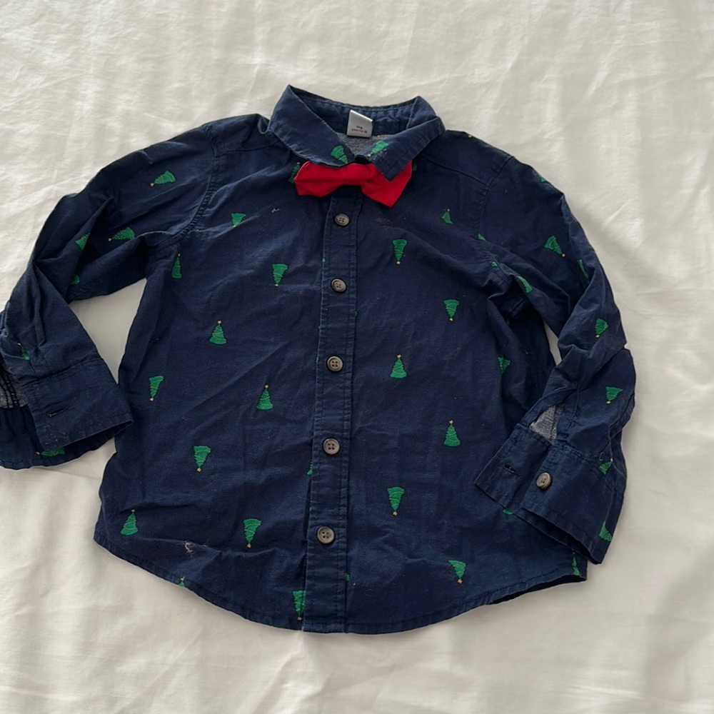 Size 3 Navy button down shirt with Christmas trees